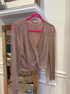 Ramy Brook Metallic Rose Gold Draped Wrap Blouse